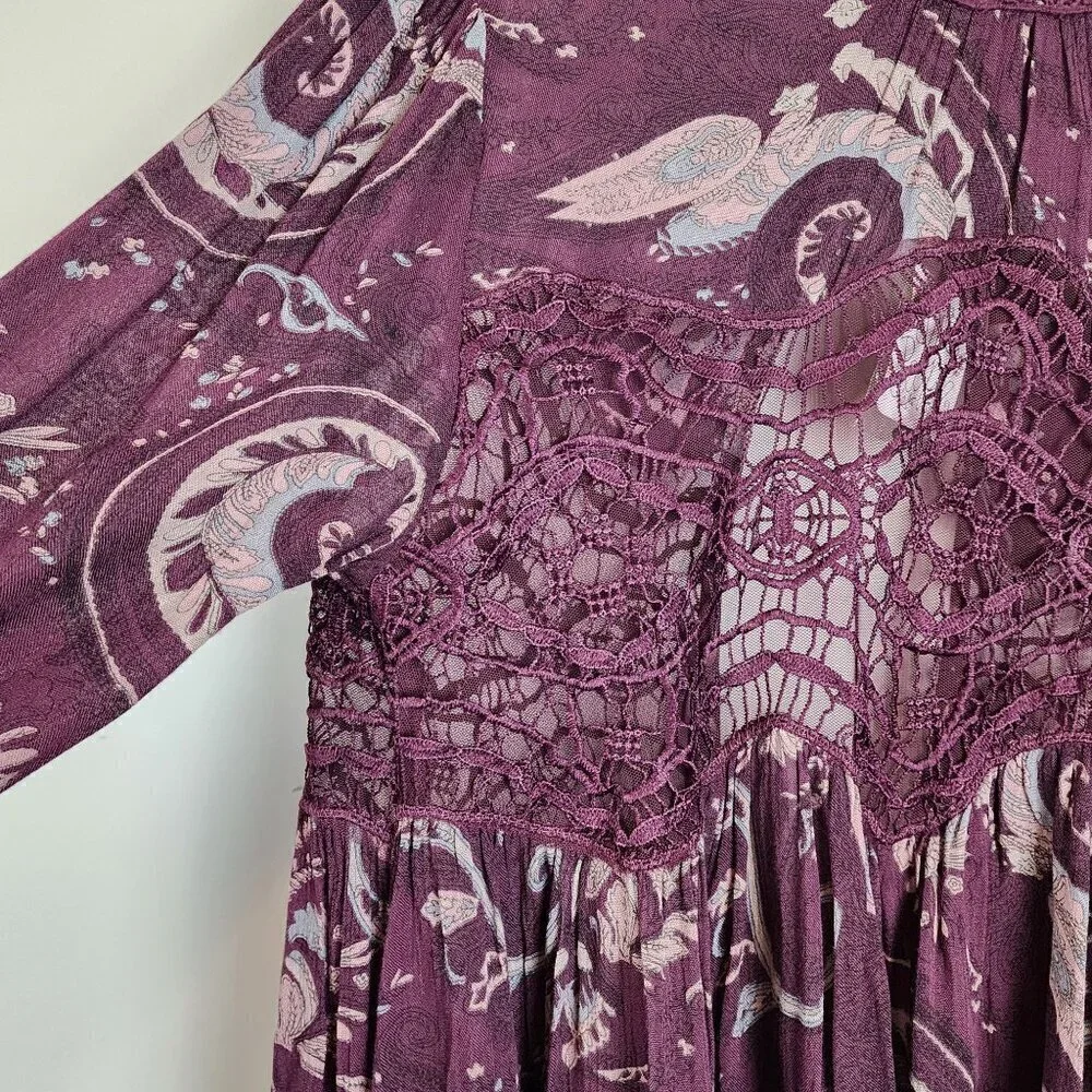Free People sz M Sweet Thing Paisley tunic dress Wine color New